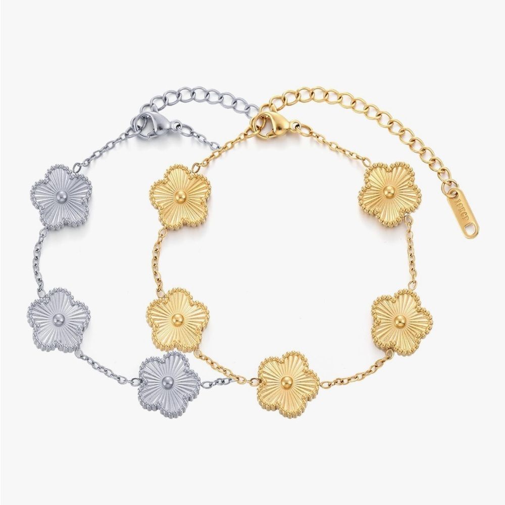 18K Gold Silver Lucky Clover Bracelet Set Dainty Van Cleef Style Charm Alhambra
